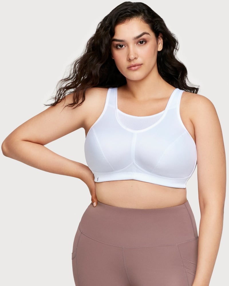 Front of a model wearing a size 38C No-Bounce Camisole Sports Bra in White by Glamorise Sport. | dia_product_style_image_id:263131